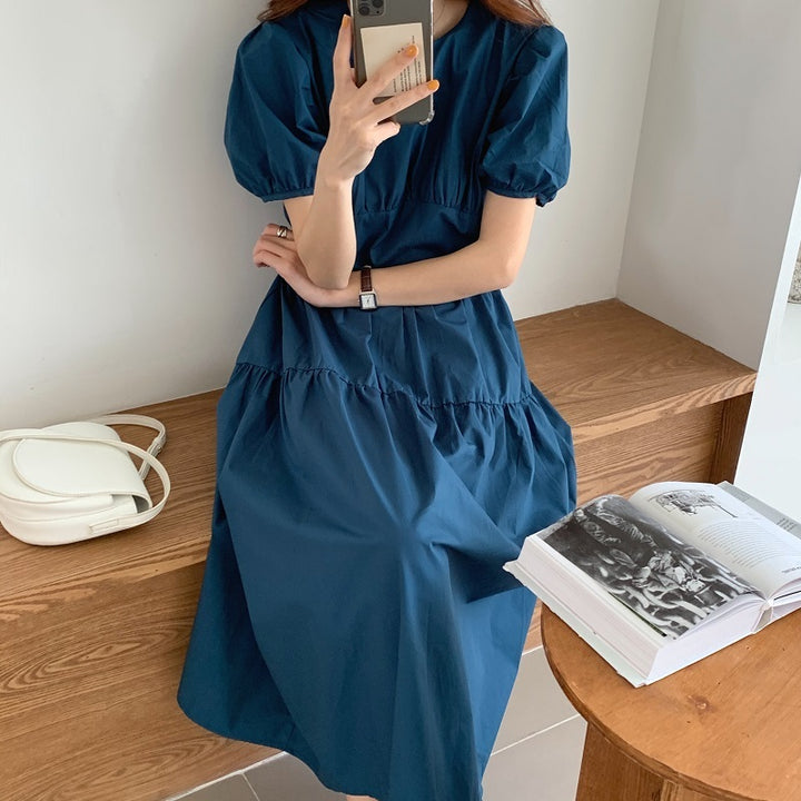 Pleated Slimming High Waist Long Over-the-knee Puff Sleeve Kikyou Dress-Womens 2024 March-Zishirts