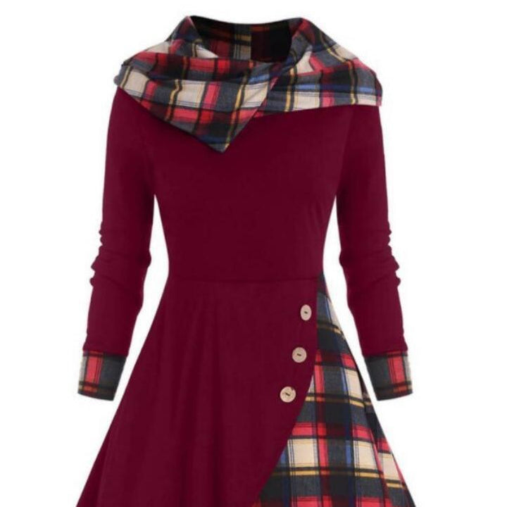 Plaid Stitching Hooded Turtleneck Dress-Lady Dresses-Zishirts