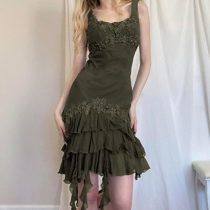 American-style Ruffled Irregular Spaghetti-strap Dress-Lady Dresses-Zishirts