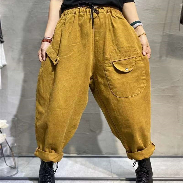 Korean Style Elastic Waistband Patch Pocket Overalls For Women-0-Zishirts