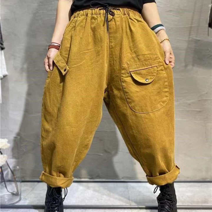 Korean Style Elastic Waistband Patch Pocket Overalls For Women-0-Zishirts