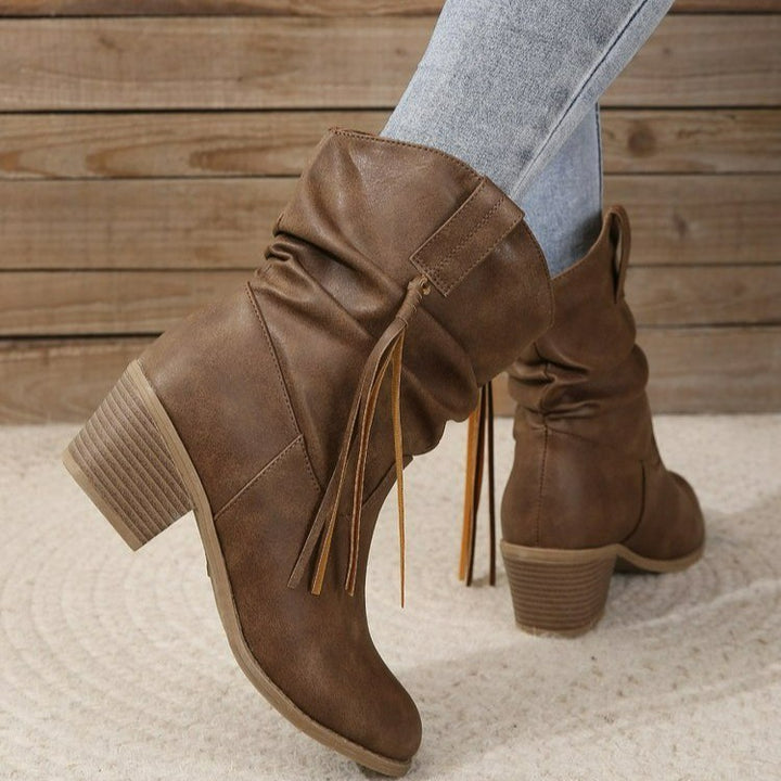 Retro Tassel Boots Winter Thick Square Heel Mid-calf Knight Western Boots Woman Fashion Shoes-4-Zishirts