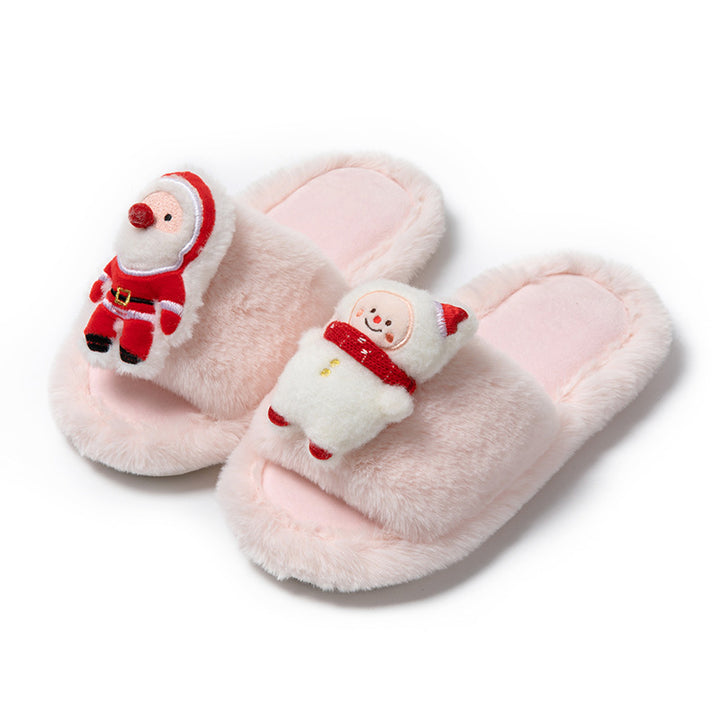 Christmas Shoes Ins Santa Claus Open-toe Cotton Slippers Winter Home Indoor Floor Plush Warm Furry Slippers Women-Womens Footwear-Zishirts