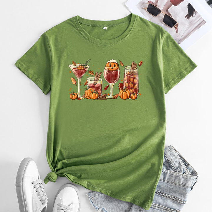 Halloween European And American Leisure Pumpkin Printed Round Neck Short Sleeve-Blouses & Shirts-Zishirts