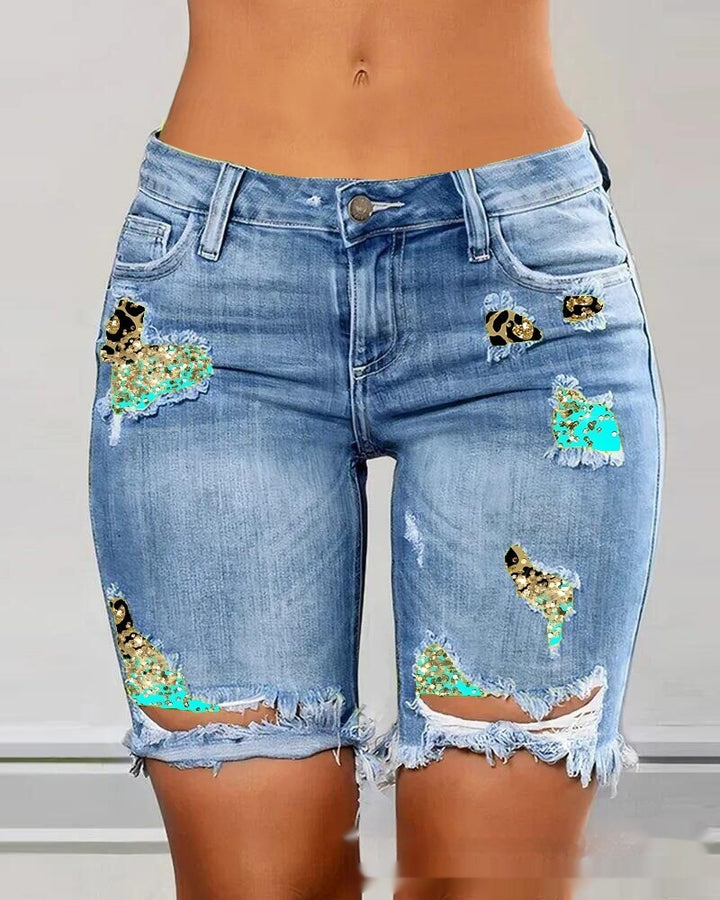 Color Contrast Patchwork Ripped Fake Two-piece Denim Shorts-Woman Jeans-Zishirts