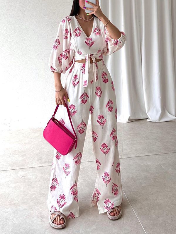 Women's Elegant V-neck Printed Puff Sleeve Top Trousers Two-piece Set-Suits & Sets-Zishirts