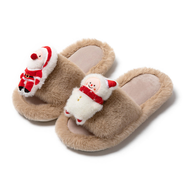 Christmas Shoes Ins Santa Claus Open-toe Cotton Slippers Winter Home Indoor Floor Plush Warm Furry Slippers Women-Womens Footwear-Zishirts