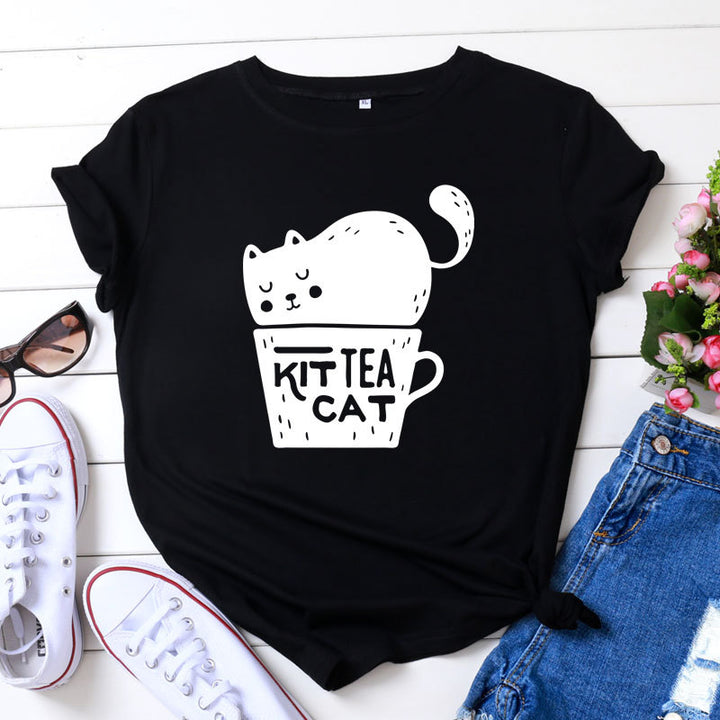 Casual KIT TEA CAT Printed Round Neck Plus Size Short Sleeve-Blouses & Shirts-Zishirts