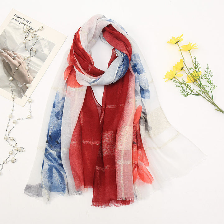 Women's Cotton And Linen Fleece Trimmed Printed Scarf-Scarves & Wraps-Zishirts