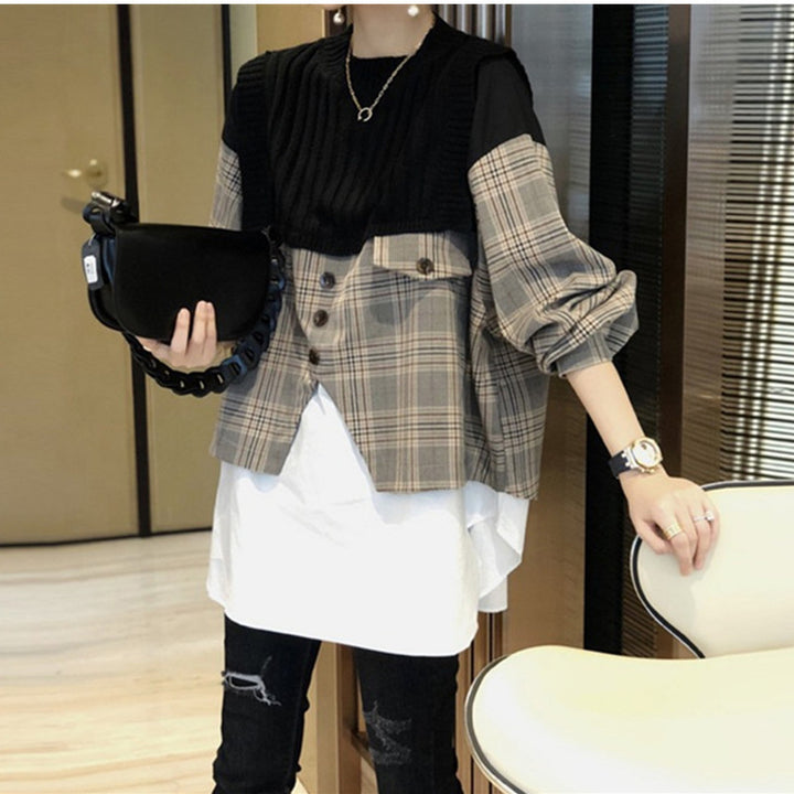 New Loose Shirt Splicing Knitwear Women Fake Two Pieces Western Style Shirt-Sweaters-Zishirts