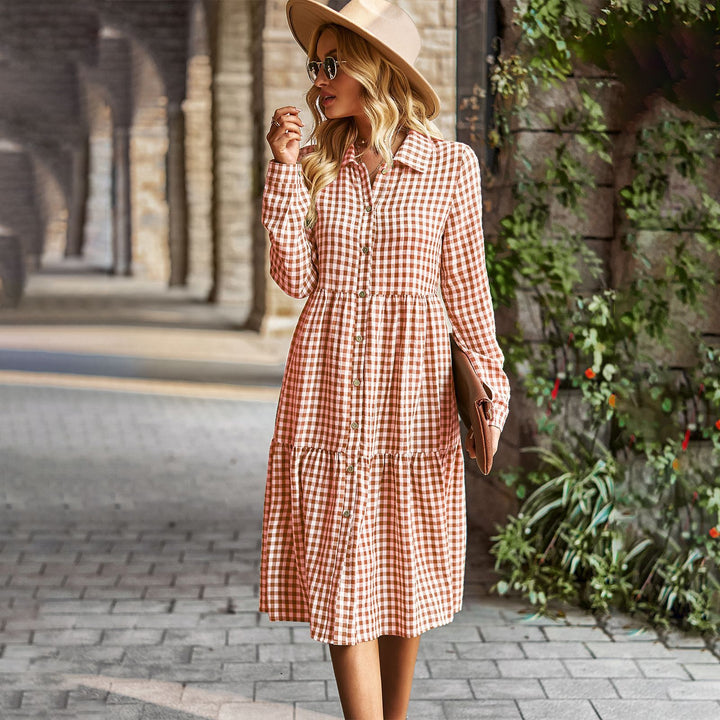 Wide Hem Long Sleeve Dress Plaid Casual Dress-Lady Dresses-Zishirts