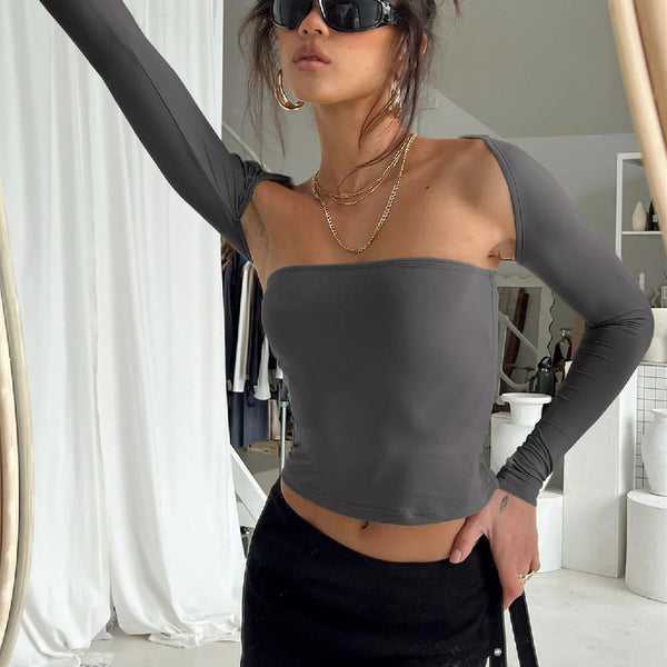 Sexy Tube Top Cinched Waist T-shirt Long Sleeve Tight Two-piece Blouse Women's Top-Women's Outerwear 2023-Zishirts