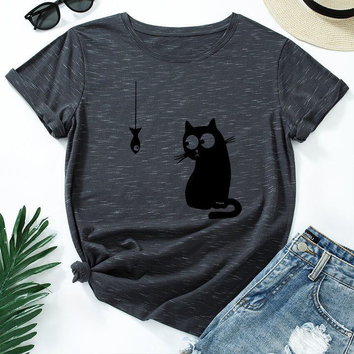 Women's Cute Cat Loose Round Neck Cotton Short Sleeve-Women's Outerwear 2023-Zishirts