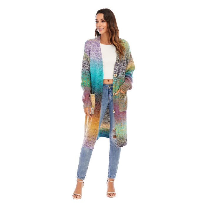 Knitted Sweater Loose Rainbow Long Coat Wool Cardigan-Sweaters-Zishirts