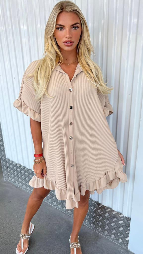 Summer Solid Color Shirt Dress Ruffle Sleeve Irregular Shirt Dress-0-Zishirts