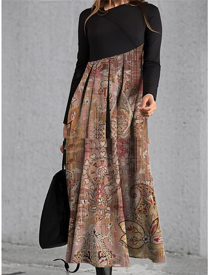 Diagonal Collar Stitching Printing Diagonal Collar Long Dress-Women's Outerwear 2023-Zishirts