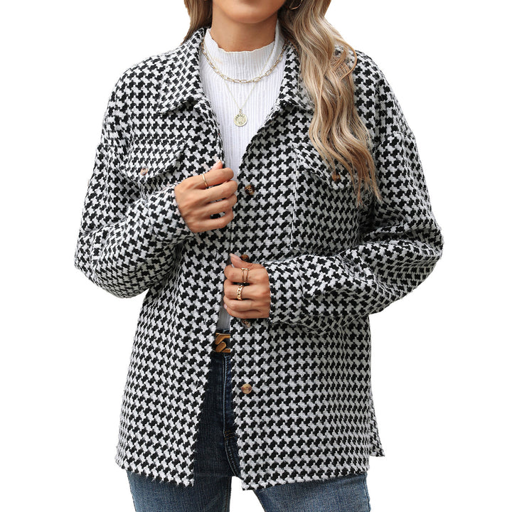 Fashion Houndstooth Lapel Tweed Coat Casual Loose Long Sleeve Jacket With Pocket Outwear Tops For Womens Clothing-Jackets-Zishirts