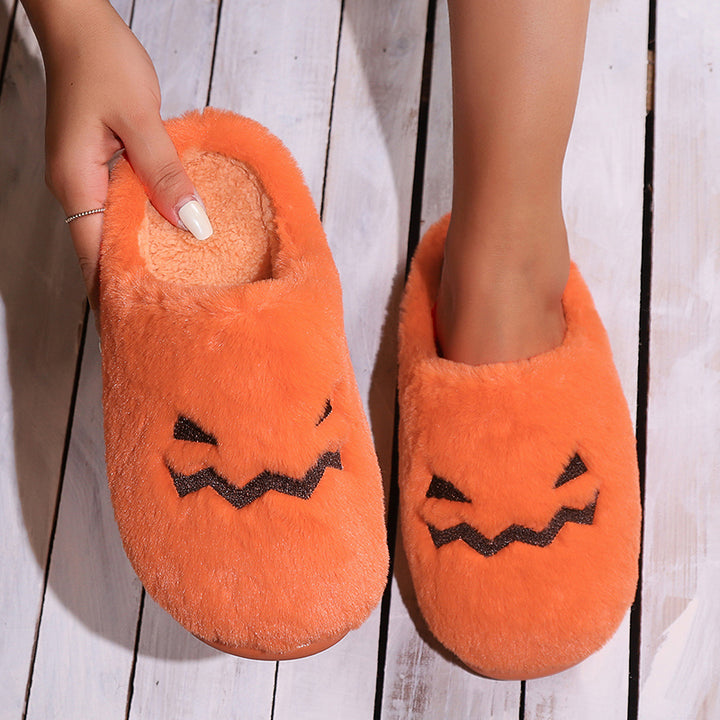 Cute Halloween Pumpkin Slippers Winter Warm Plush Bedroom Floor Home Slippers Casual Slip On Comfortable Cozy Indoor House Shoes-Womens Footwear-Zishirts