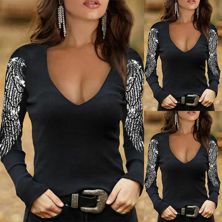 V-neck Printed Long-sleeved Top Women-Blouses & Shirts-Zishirts