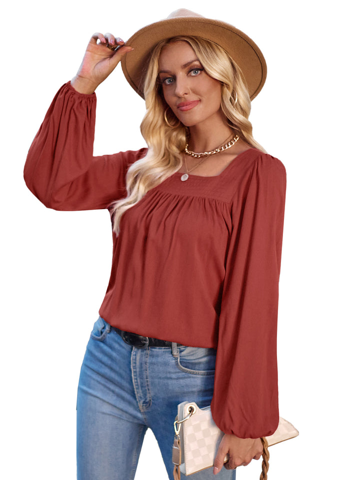 Solid Color Square Collar Slim Fit Long-sleeved Versatile Top-Blouses & Shirts-Zishirts