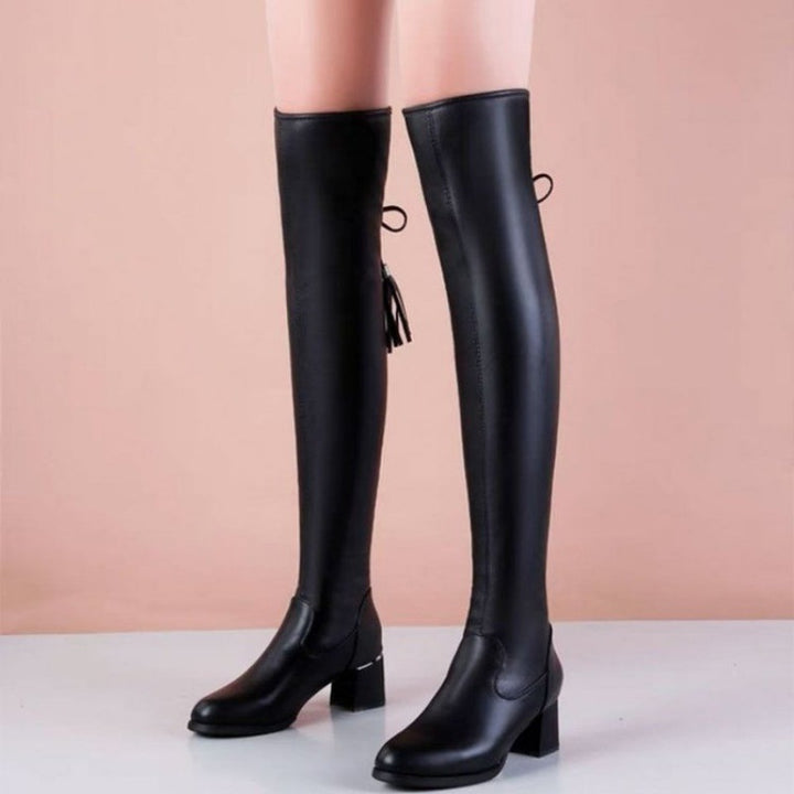 Rubber High-heeled Thigh Boot Fashion Boots Round Toe Winter-Womens Footwear-Zishirts