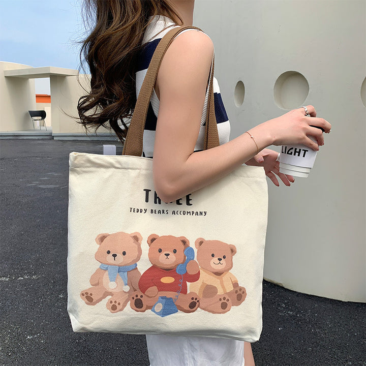 Cute Bear Printed Canvas Bag Women All-match Shoulder Bags Student Large Capacity Daily Handbags-Women's Bags-Zishirts