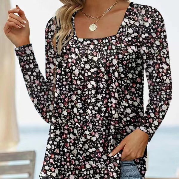 Square Collar Long Sleeve Dovetail Floral T-shirt-Blouses & Shirts-Zishirts