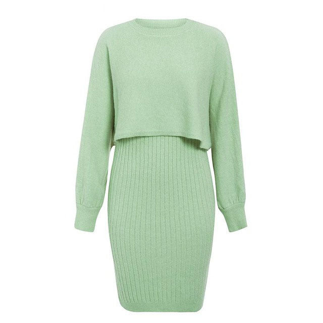 2pcs Knitted Dress Suit Fashion Solid Color Pullover Lantern-sleeved Sweater Fall Winter Women's Clothing-Lady Dresses-Zishirts