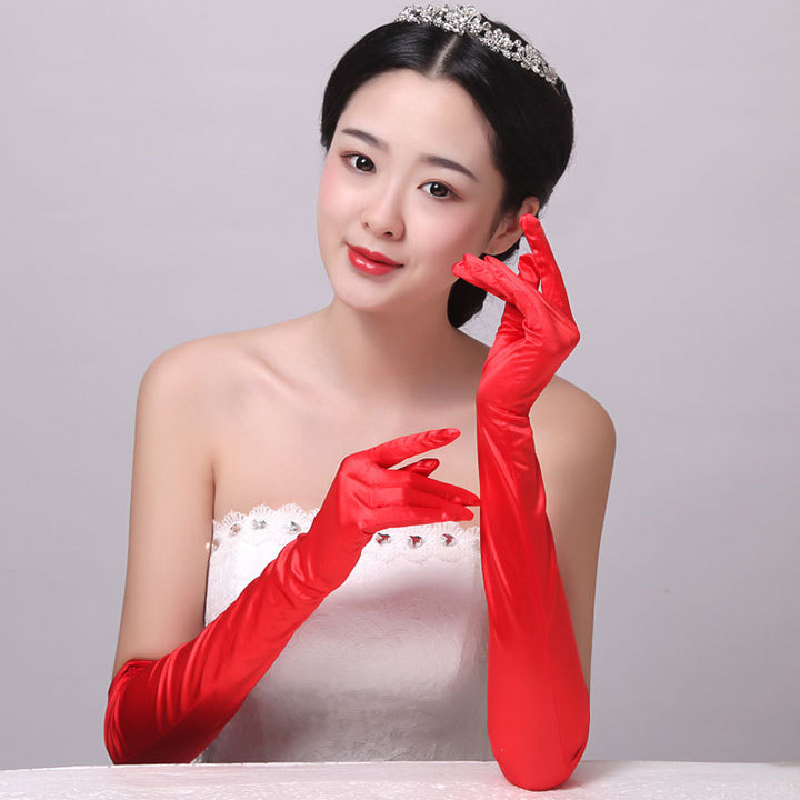 Double-row Beaded Satin Sun Protection Scar Cover Up Oversleeve Bridal Wedding Gloves-Women's Outerwear 2023-Zishirts