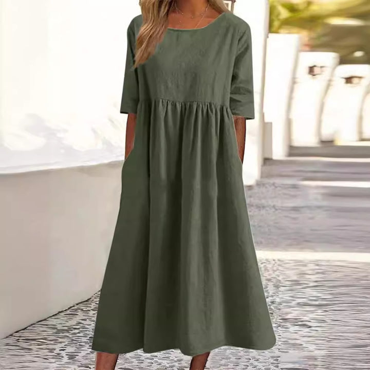 Spring And Summer New Round Neck 5-point Sleeve Plus Size Casual Loose Long Solid Color Cotton And Linen Dress-Womens 2024 March-Zishirts