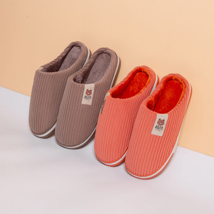 Solid Color Striped Slippers For Women Thick-soled Anti-slip Indoor Warm Plush Home Shoes Couple Women Men Slipper Winter-Womens Footwear-Zishirts