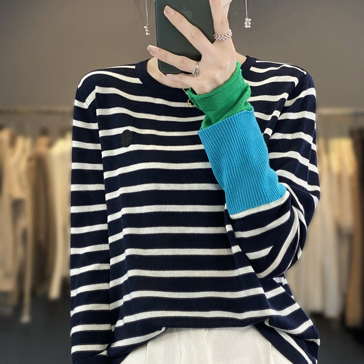 Double-layer Contrast Color Sleeves With Stripes Sweater-Sweaters-Zishirts