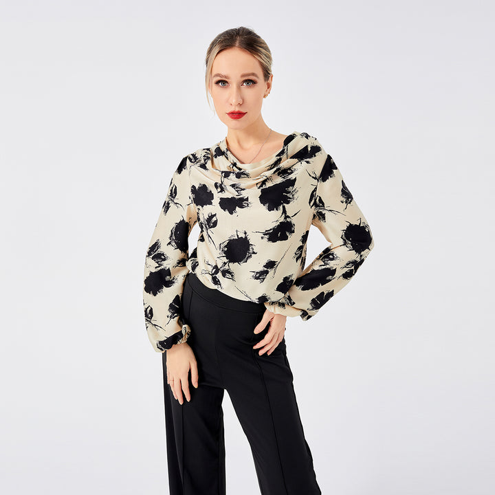 Elegant Ladies Print Front Drop Collar Blouse-Blouses & Shirts-Zishirts