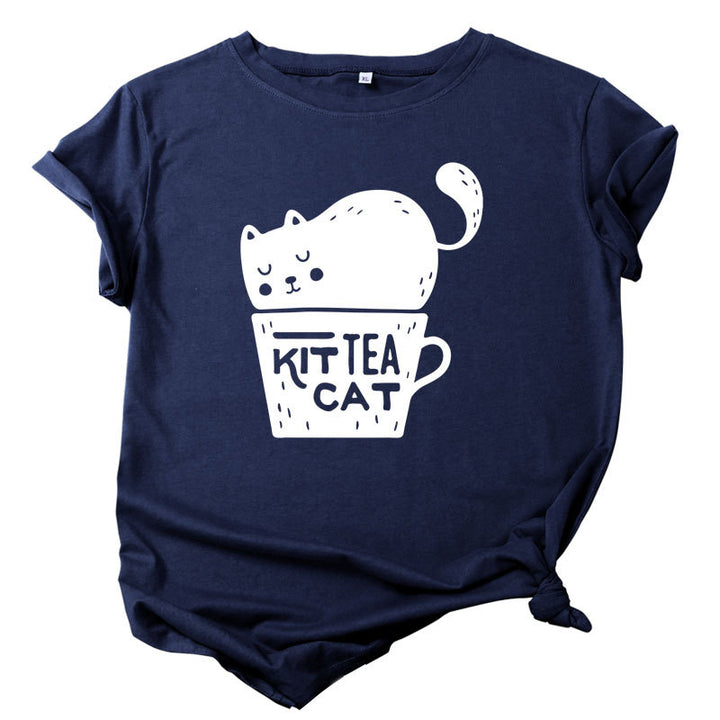 Casual KIT TEA CAT Printed Round Neck Plus Size Short Sleeve-Blouses & Shirts-Zishirts