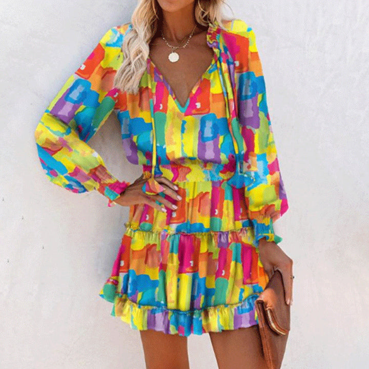 Printed Patchwork Puff Sleeve Waist Dress-Lady Dresses-Zishirts