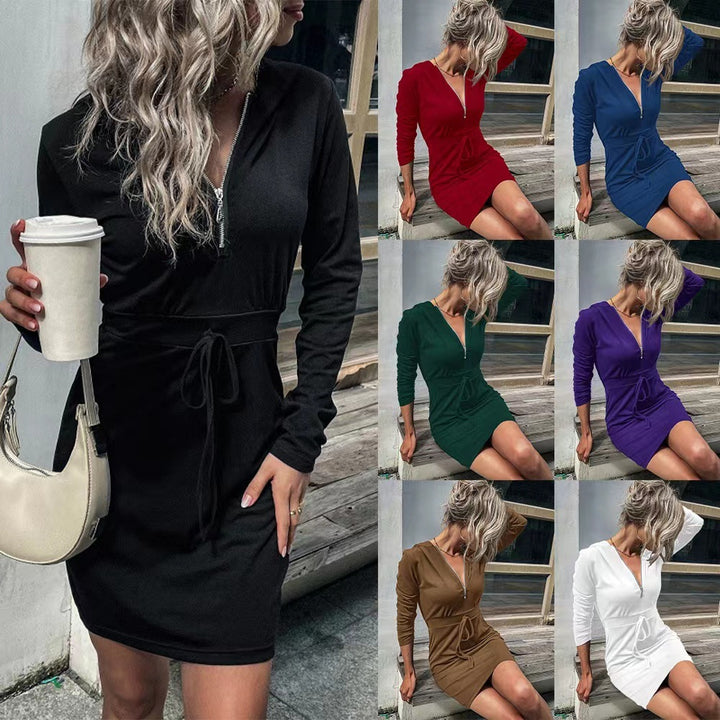 European And American Hooded Sweater Dress Slim-fit Sheath-Lady Dresses-Zishirts