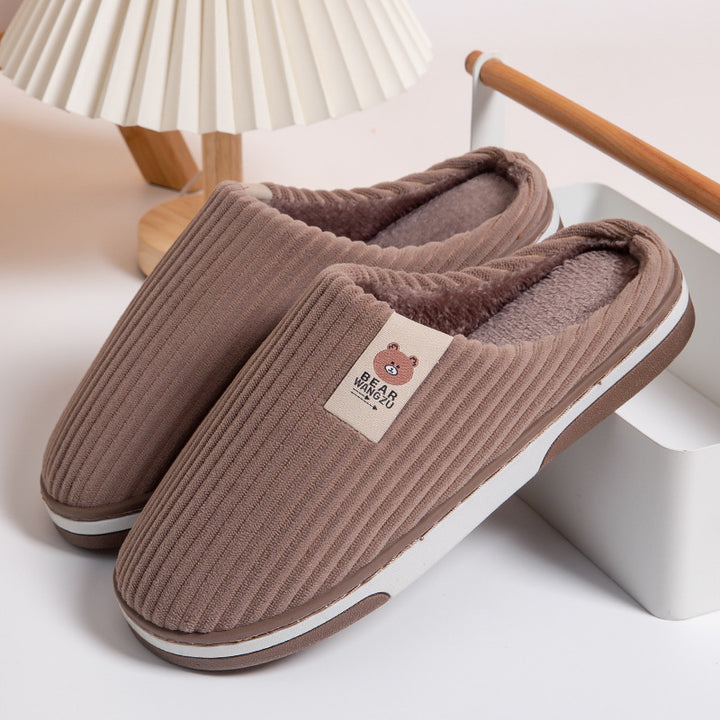 Solid Color Striped Slippers For Women Thick-soled Anti-slip Indoor Warm Plush Home Shoes Couple Women Men Slipper Winter-Womens Footwear-Zishirts