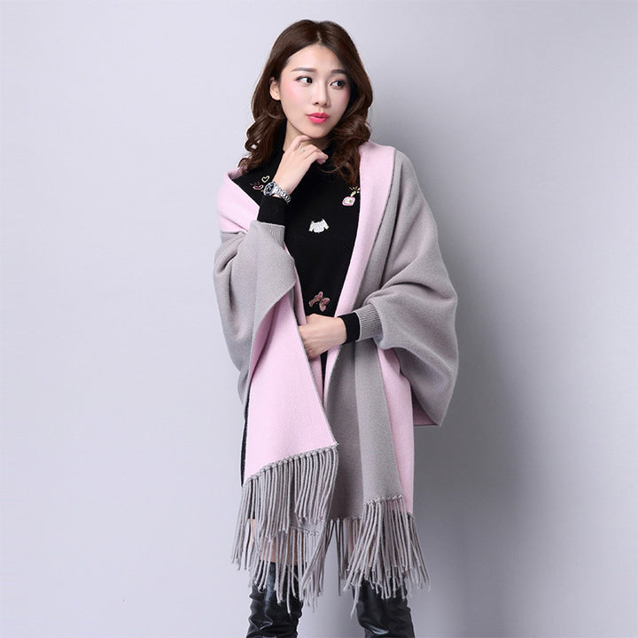 Ladies Shawl Cardigan Tassel Cape Sweater Coat-Scarves & Wraps-Zishirts