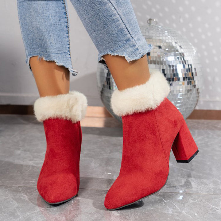 New Plaid Print Plush Ankle Boots Winter Fashoin Square Heel Suede Boots Women Casual Versatile Shoes Autumn And Winter-4-Zishirts