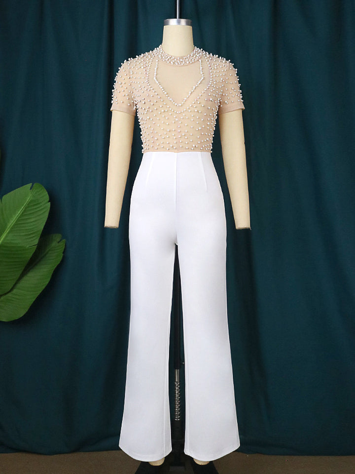 Round Neck Short Sleeved Beaded Jumpsuit-Women's Outerwear 2023-Zishirts