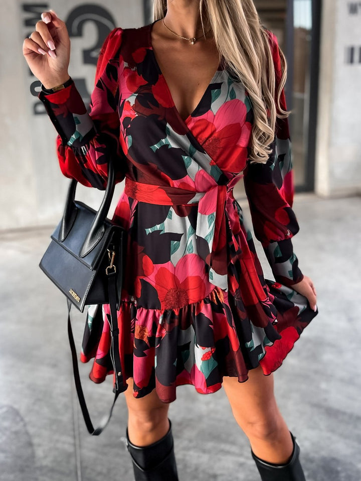 Women's Long-sleeved Fashion Printed Waist-controlled Lace-up Shirt Dress-Suits & Sets-Zishirts