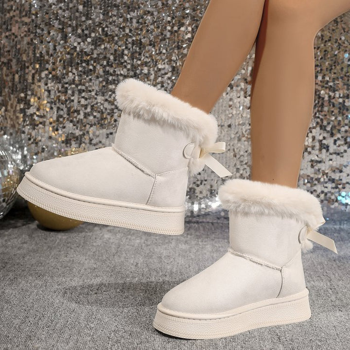 Winter Snow Boots With Bowknot Fashion Round Toe Flat Thickened Suede Cotton Shoes For Women Casual Warm Plush Short Boot-Womens Footwear-Zishirts