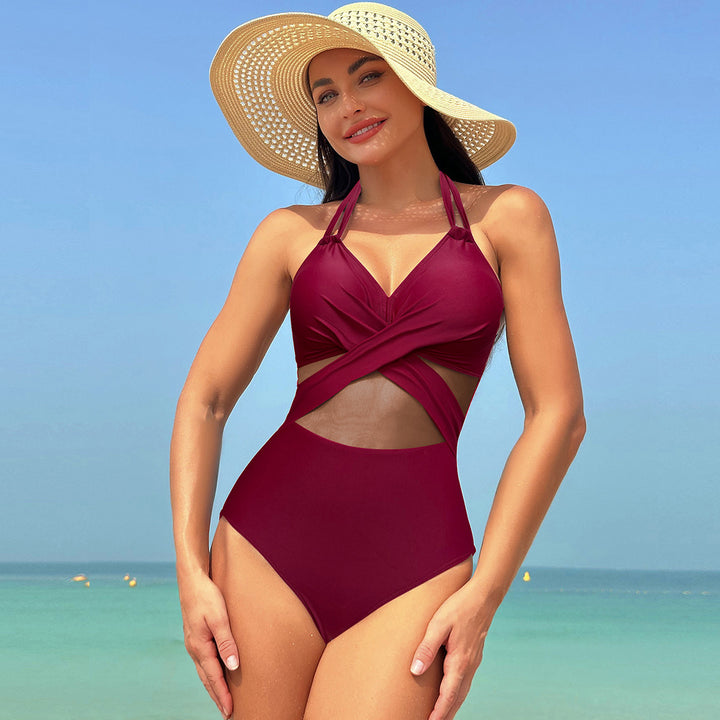 Halter-neck One-piece Swimsuit Summer Solid Color Cross-strap Design Mesh Bikini Beach Vacation Womens Clothing-Womens 2024 March-Zishirts