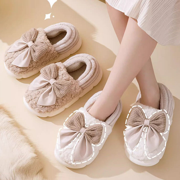 Big Bow-knot Fluffy Slippers Winter Warm Covered Heel Cotton Shoes Fashion Thick-soled Platform Slippers Indoor And Outdoor Garden Walking Shoes-Womens Footwear-Zishirts