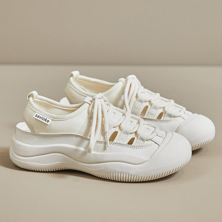 Hollow-out Canvas Shoes Korean Style Student White Flat Breathable Half Support-Womens Footwear-Zishirts