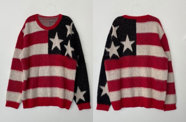 American Vintage Street Fashion Star Stripe Spliced Round Neck Loose Sweater-Sweaters-Zishirts