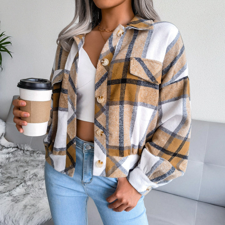 Plaid Lapel Cropped Jacket Fashion Loose Button Long Sleeve Short Outwear Tops Coat For Womens Clothing-Jackets-Zishirts