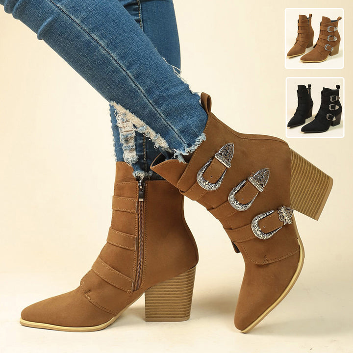 Chunky Heel Pointed Toe Boots With Belt Buckle Design Retro Mid-calf Boot Fashion Fall Winter Shoes For Women-4-Zishirts