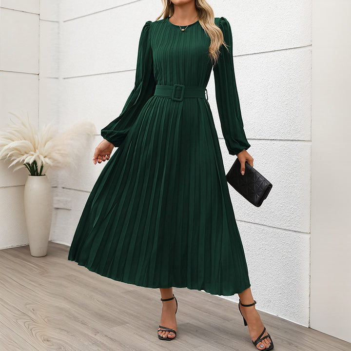 Women's Dress Long Sleeve Pleated Round Neck-Lady Dresses-Zishirts