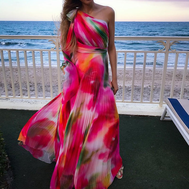 European And American Summer New Fashion Single Room Rainbow Printing Pleat And Waisted Dress-Lady Dresses-Zishirts